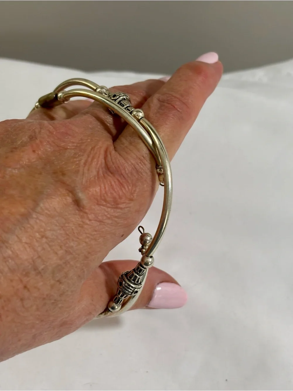 Vintage Genuine Stone Memory Wire Wrap Silver Tone Bracelet